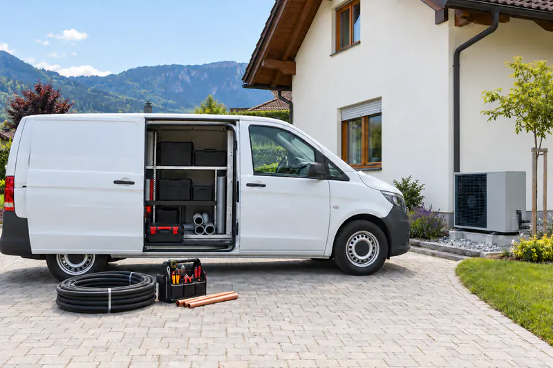 Fahrzeug eines Installateurs vor einem Einfamilienhaus beim Einbau einer Wärmepumpe