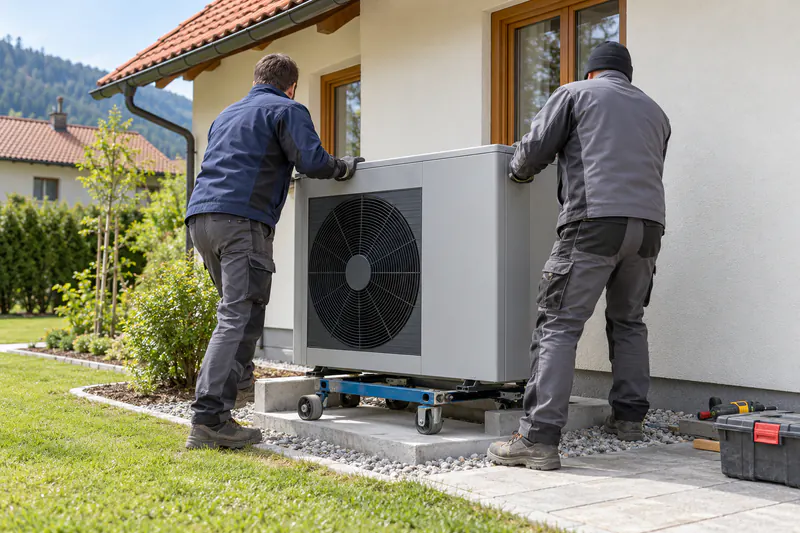 Fachbetrieb schließt eine Wärmepumpe im Technikraum an den Heizkreis an