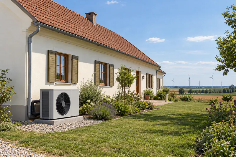 Luft-Wasser-Wärmepumpe neben einem Einfamilienhaus im Burgenland