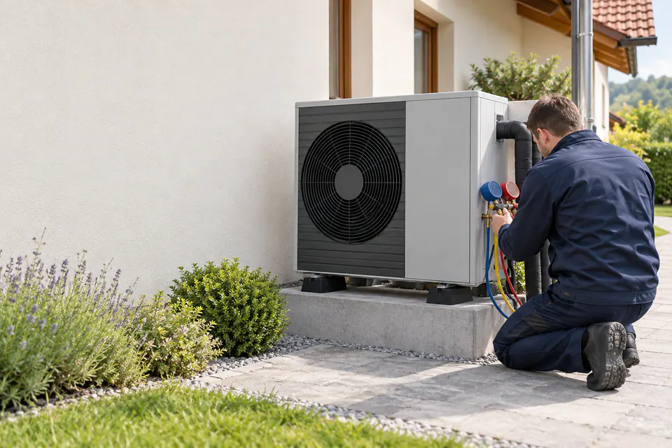 Installateur montiert das Außengerät einer Wärmepumpe an einem Einfamilienhaus